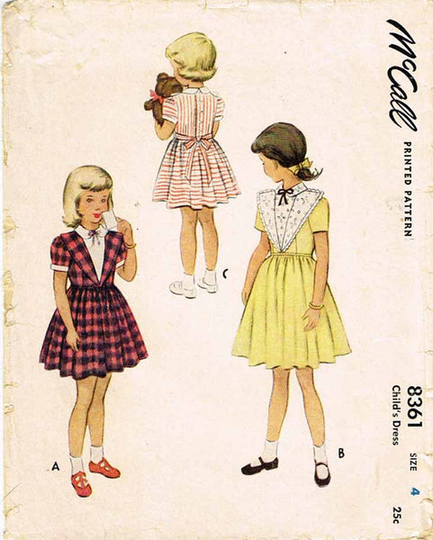 1950s Vintage McCall Sewing Pattern 8361 Toddler Girls Dress w Revers Size 4