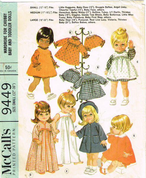 1960s Vintage McCalls Sewing Pattern 9449 Cute 12-16 In Baby Dear Doll Clothes
