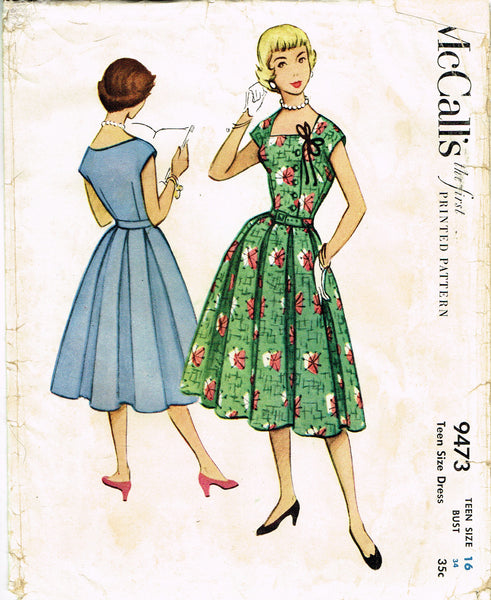 1950s Vintage McCalls Sewing Pattern 9473 Uncut Misses Stylish Day Dress Sz 34 B