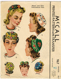 1940s Vintage McCall Sewing Pattern 967 Misses Embroidered Pillbox Hat Size 21H