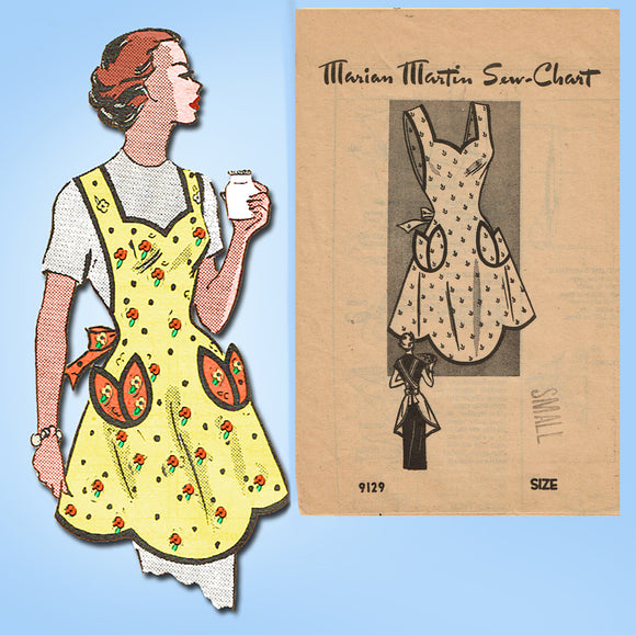 1950s Vintage Marian Martin Sewing Pattern 9129 Cute Misses Scalloped Apron SM