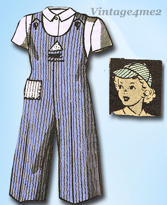 1940s Original Vintage Marian Martin Pattern 9391 Toddler Girls Overalls & Hat Sz 6