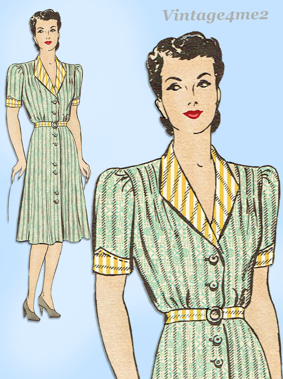 Marian Martin 9778: 1940s WWII Shirtwaist Dress Sz 36 B Vintage Sewing Pattern
