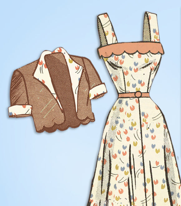 1940s Vintage Marian Martin Sewing Pattern 9026 Misses Sun Dress & Bolero Sz 30B