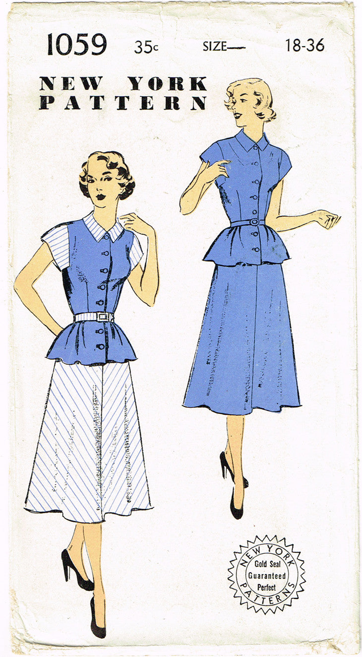 1950s Vintage New York Sewing Pattern 1059 Uncut Misses 2 Piece Dress ...