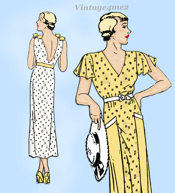New York 1133: 1930s Uncut Dress w Plunging Back Sz 30 B Vintage Sewing Pattern
