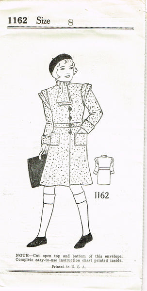 1930s Vintage New York Sewing Pattern 1162 Uncut Little Girls Coat