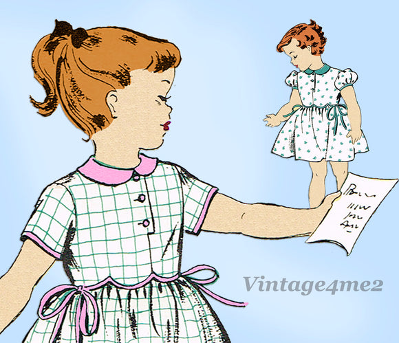 New York 1242: 1950s Toddler Girls Scalloped Dress Sz 2 Vintage Sewing Pattern -Vintage4me2
