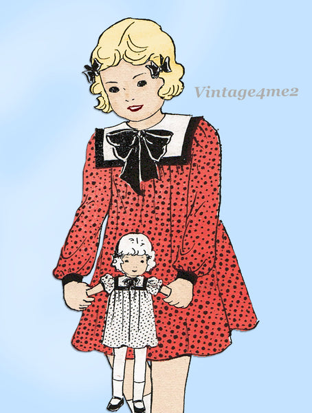1930s Vintage New York Sewing Pattern 1245 Uncut Toddler Girls Dress w Doll Sz 4
