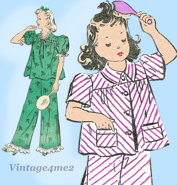 New York 1348: 1940s Uncut Little Girls Pajamas Size 8 Vintage Sewing Pattern