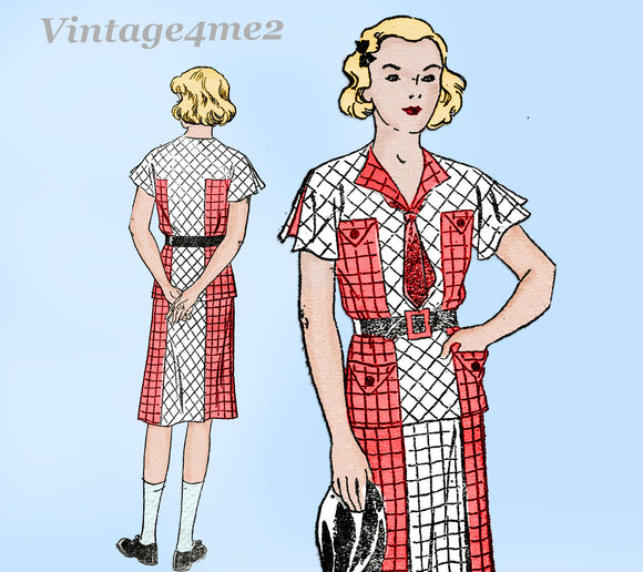1930s Vintage New York Sewing Pattern 1571 Uncut Girls 2 Piece Dress Sz 14