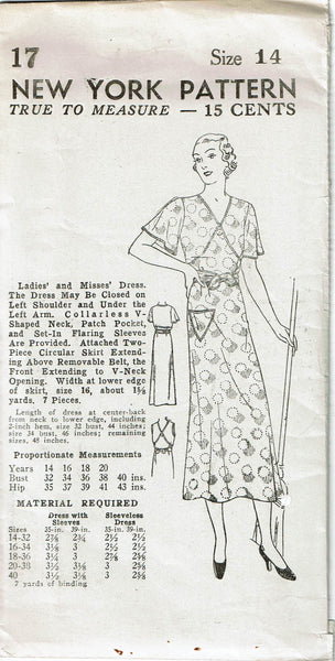 New York 17: 1930s Uncut Misses House Dress Size 32 Bust Vintage Sewing Pattern