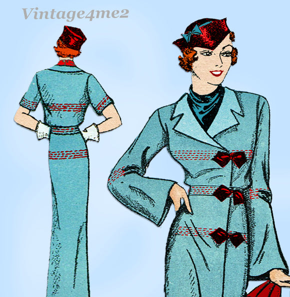 New York 409: 1930s Uncut Misses Slender Coat Sz 36 Bust Vintage Sewing Pattern