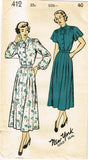 1940s Vintage New York Sewing Pattern 412 Uncut Plus Size Day Dress Sz 40 Bust