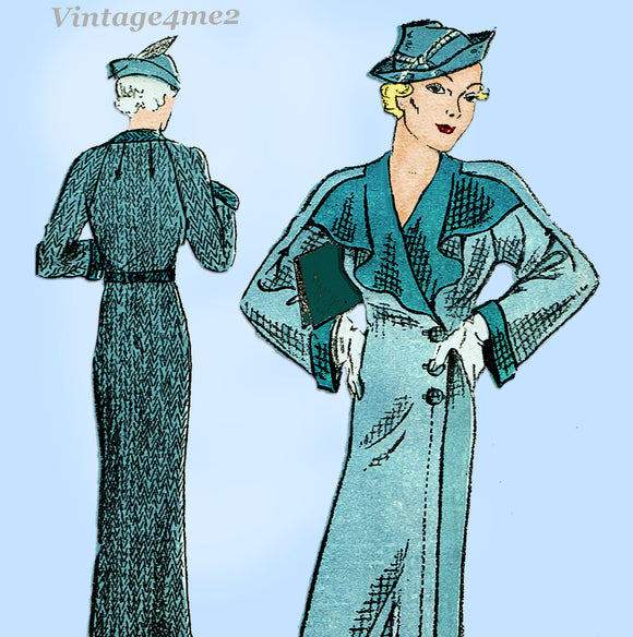 New York 414: 1930s Uncut Misses Slender Coat Sz 34 B Vintage Sewing Pattern