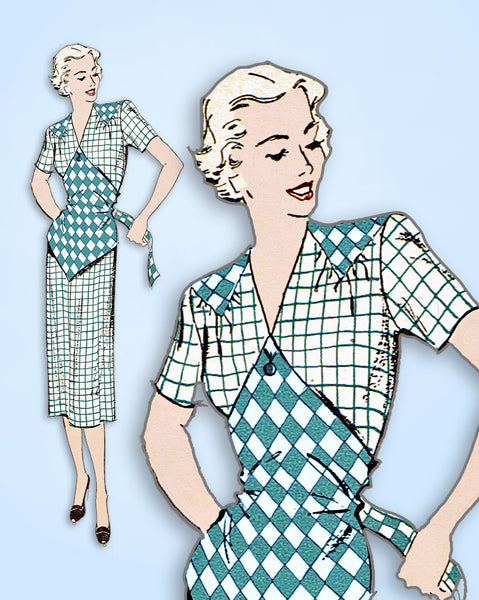 1940s Vintage New York Sewing Pattern 771 Uncut Misses Dress with Button On Apron Sz 32 Bust