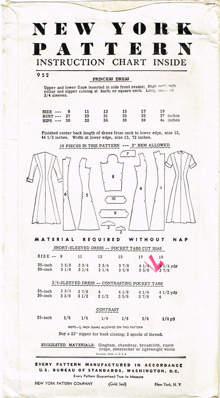 1950s Vintage New York Sewing Pattern 952 Uncut Misses Princess Dress