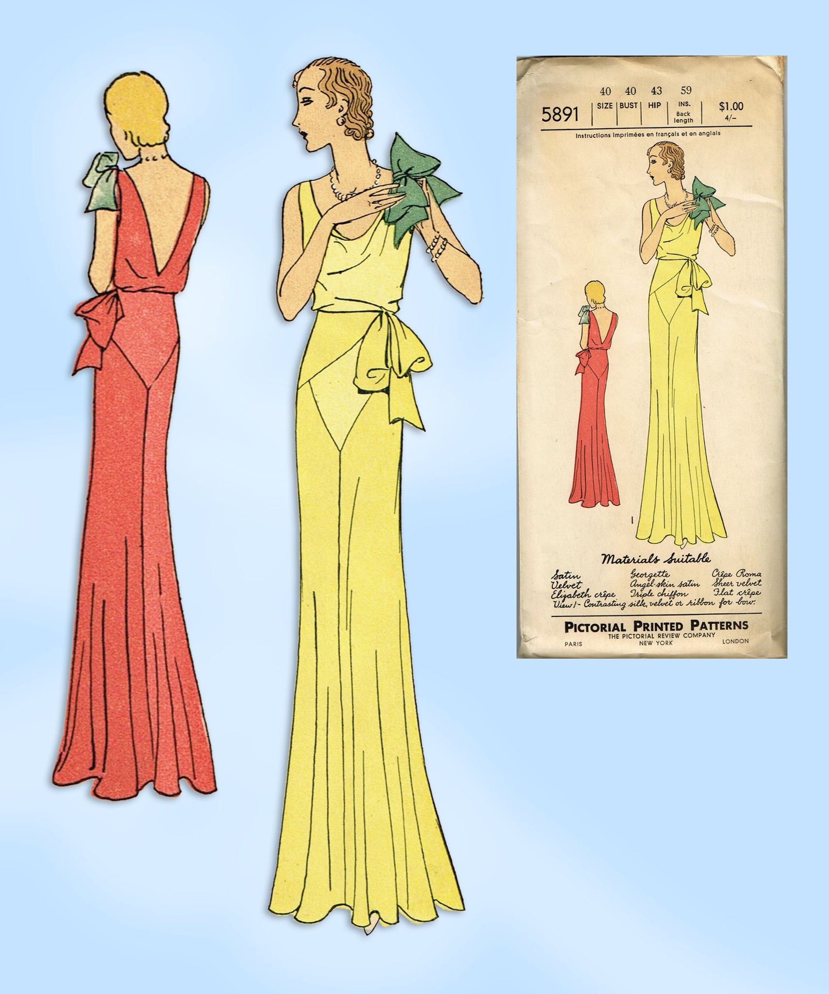 Pictorial Review 5891: 1930s Rare Uncut Evening Gown 40B Vintage Sewin Vintage4me2 Pictorial Review 5891: 1930s Rare Uncut Evening Gown 40B Vintage Sewin Vintage4me2