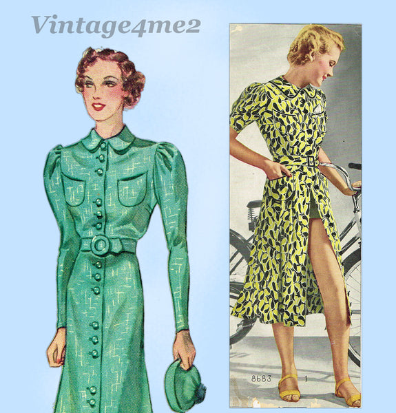 Pictorial Review 8683: 1930s Misses Button Up Dress 32 B Vintage Sewing Pattern