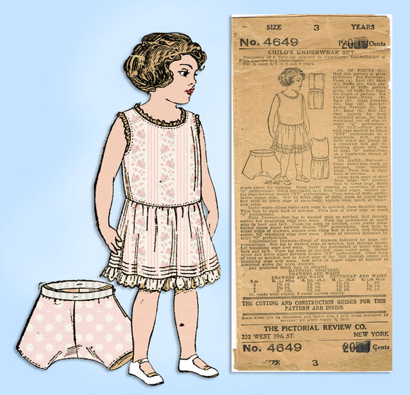 1910s Rare Vintage Pictorial Review Sewing Pattern 4649 Toddler Girls Slip Sz 3 - Vintage4me2