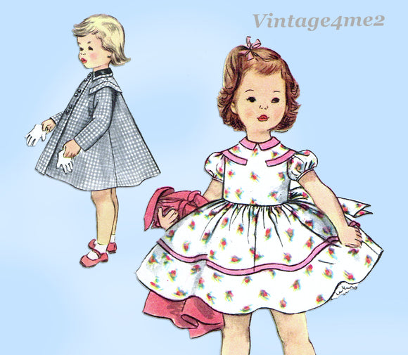 1950s Vintage Simplicity Sewing Pattern 1021 Toddler Girls Dress & Coat Sz 2
