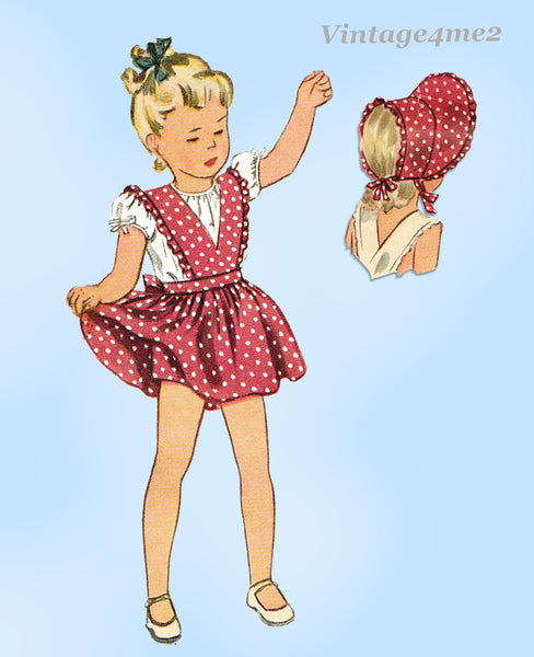 1940s Vintage Simplicity Sewing Pattern 1031 Toddler Girls Dress & Bonnet Size 4