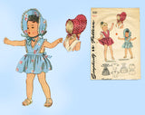 1940s Vintage Simplicity Sewing Pattern 1031 Toddler Girls Dress & Bonnet Size 4