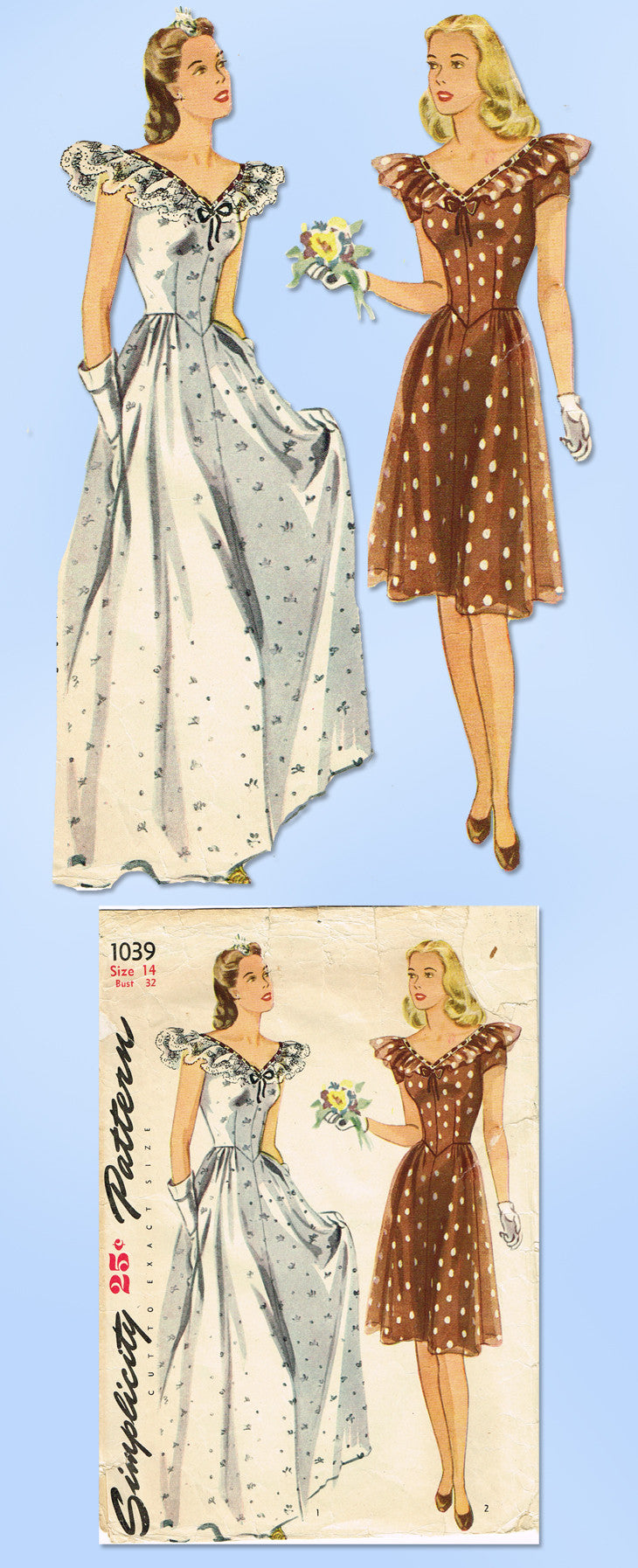 1940s Vintage Simplicity Sewing Pattern 1039 WWII Misses Wedding Dress –  Vintage4me2, image size:730x1794