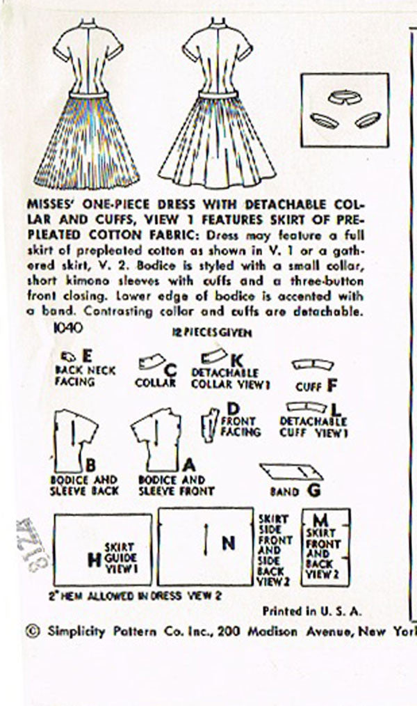 1950s Vintage Simplicity Sewing Pattern 1040 Uncut Misses Drop Waist D –  Vintage4me2