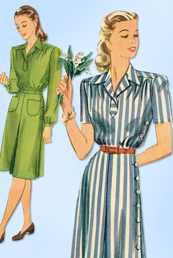 1940s Original Vintage Simplicity Pattern 1046 Uncut WWII Dress w Side Buttons