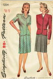 Simplicity 1054: 1940s Uncut WWII Misses Suit Sz 38 Bust Vintage Sewing Pattern