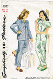 1940s Vintage Simplicity Sewing Pattern 1077 WWII Misses 2 Pc Pajamas Size 32 B