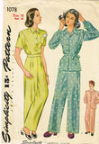 1940s Vintage Simplicity Sewing Pattern 1078 WWII Misses 2 Pc Pajamas Size 36 B