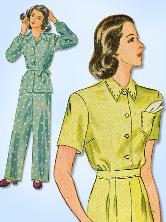 1940s Vintage Simplicity Sewing Pattern 1078 WWII Misses 2 Pc Pajamas Size 36 B