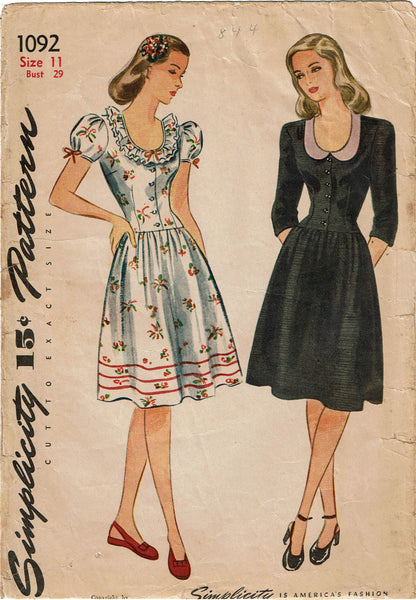 Simplicity 1092: 1940s Charming WWII Misses Dress Sz 29 B Vintage Sewing Pattern