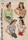 1940s Vintage Simplicity Sewing Pattern 1093 Uncut WWII Misses Blouse Sz 32 Bust