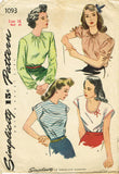 1940s Vintage Simplicity Sewing Pattern 1093 Misses WWII Blouse Set Size 34 Bust