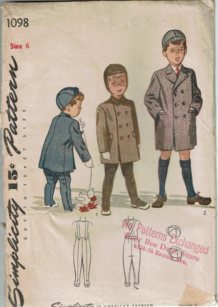 1940s Vintage Simplicity Sewing Pattern 1098 Toddler Boys Coat & Hat Size 6