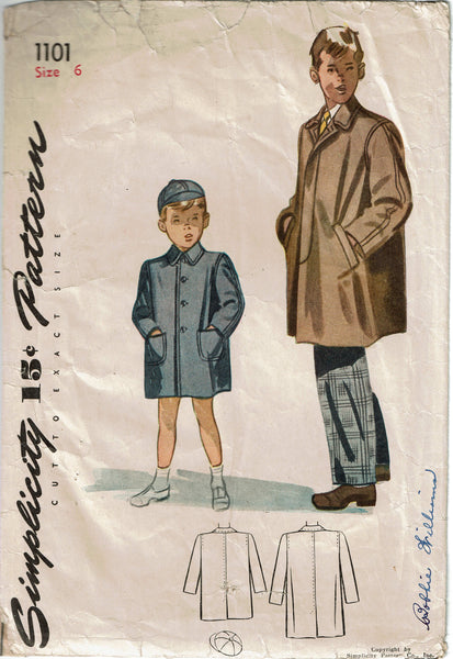 1940s Vintage Simplicity Sewing Pattern 1101 Toddler Boys Coat & Hat Size 6