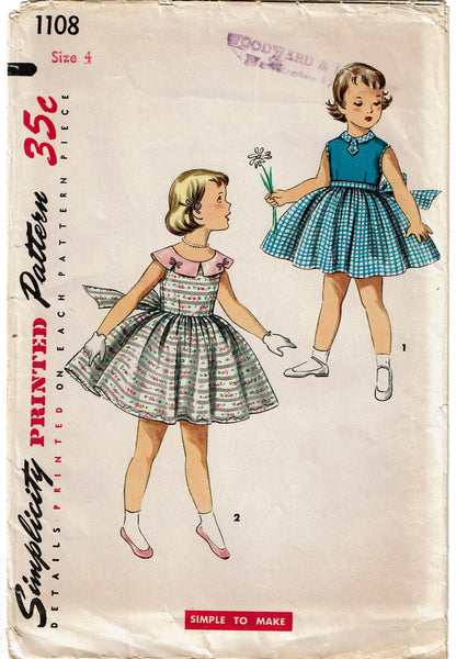 1950s Vintage Simplicity Sewing Pattern 1108 Uncut Toddler Girls Dress Size 4