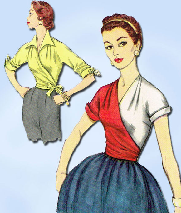 1950s Original Vintage Simplicity Pattern 1129 Misses Wrap Around Blouse Sz 32 Bust