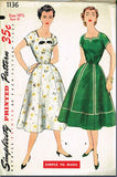 1950s Vintage Simplicity Sewing Pattern 1136 Uncut Misses' Simple Day Dress 35 B