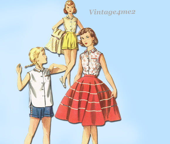 1950s Vintage Simplicity Sewing Pattern 1146 Girls Skirt Blouse Shorts Size 10