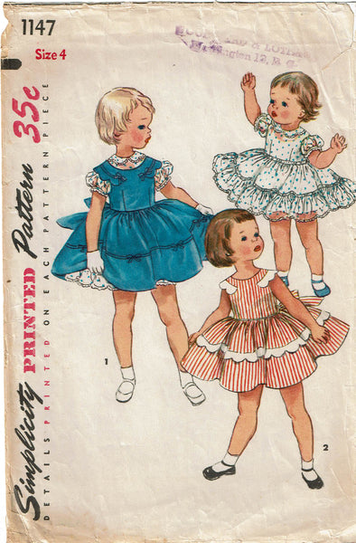 Simplicity 1147: 1950s Toddler Girls Pinafore Dress Sz 4 Vintage Sewing Pattern