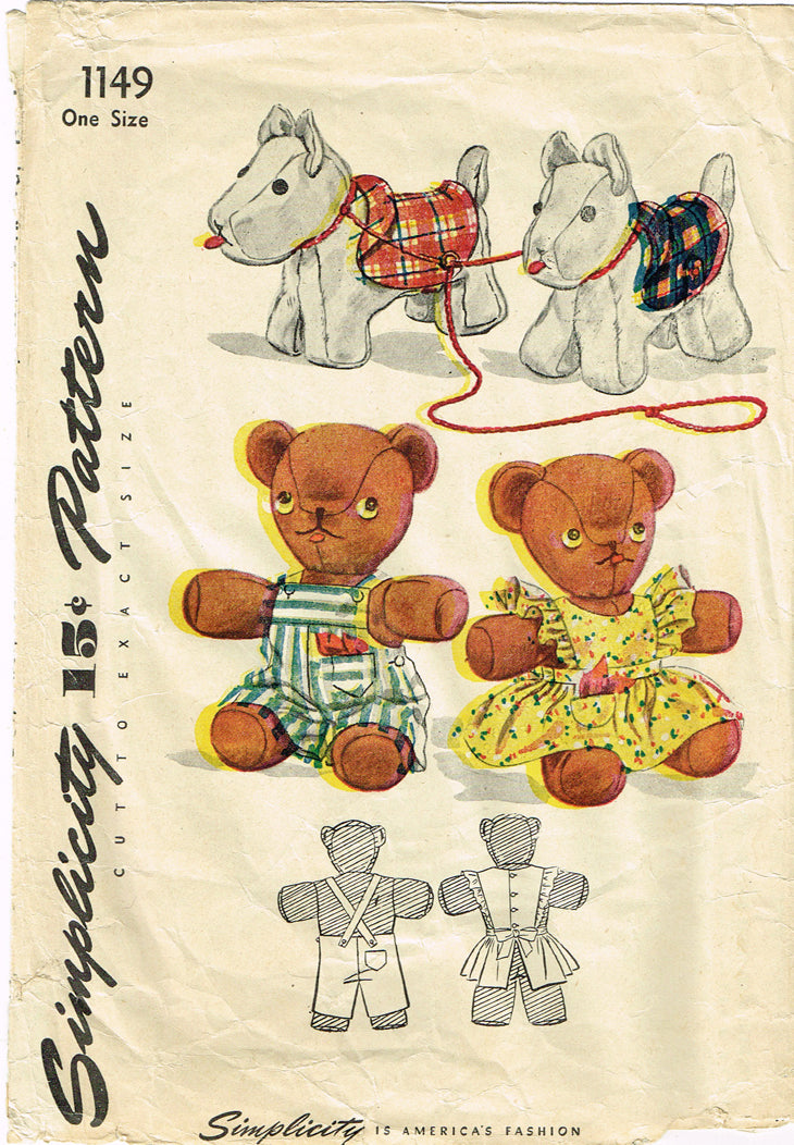 1940s Vintage Simplicity Pattern 1149 Uncut Teddy Bear Stuffed Animal
