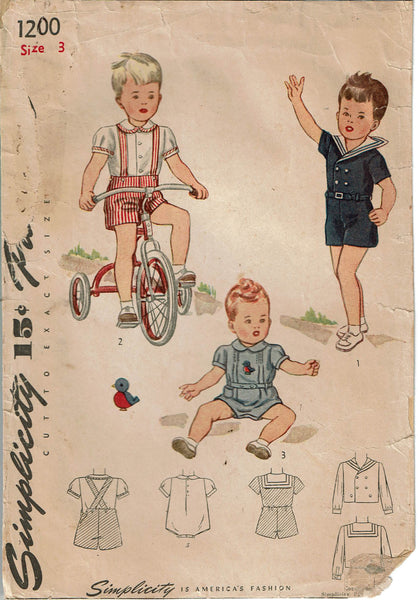 1940s Vintage Simplicity Sewing Pattern 1200 Cute WWII Baby Boys Romper Size 3