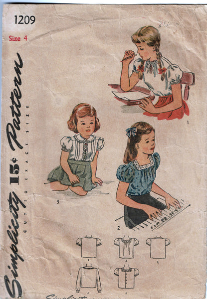 1940s Vintage Simplicity Sewing Pattern 1209 Sweet Toddler Girls Blouse Size 4