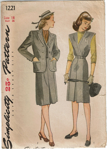 1940s Original Vintage Simplicity Pattern 1221 Misses Jumper & Jacket Size 36 Bust