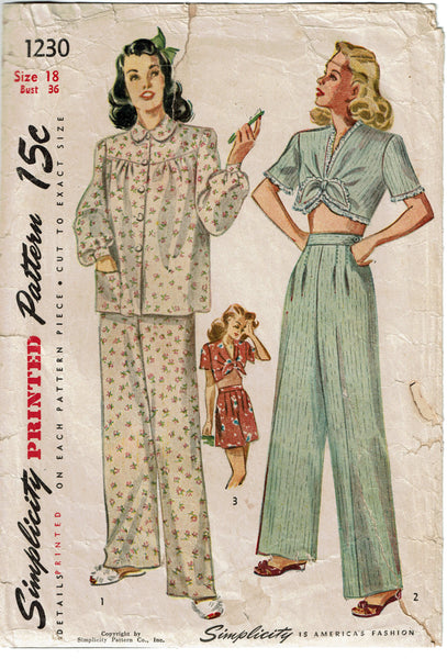 1940s Original Vintage Simplicity Pattern 1230 Cute Misses Pajamas Size 36 Bust