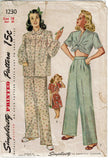 1940s Original Vintage Simplicity Pattern 1230 Cute Misses Pajamas Size 36 Bust